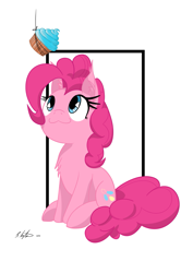 Size: 1061x1500 | Tagged: safe, artist:bigshot232, character:pinkie pie, :3, bait, chest fluff, cupcake, female, food, reaction image, simple background, sitting, solo, string, this is bait, white background