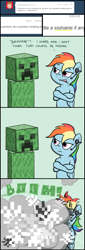 Size: 660x1949 | Tagged: safe, artist:flavinbagel, character:rainbow dash, species:pegasus, species:pony, ask, ask gamer ponies, bipedal, comic, creeper, death, explosion, female, headset, mare, minecraft