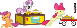 Size: 3094x1121 | Tagged: safe, artist:roger334, character:apple bloom, character:scootaloo, character:sweetie belle, species:pegasus, species:pony, ponyscape, cutie mark crusaders, inkscape, juice, lemonade, lemonade stand, simple background, transparent background, vector, wagon
