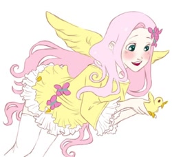 Size: 438x400 | Tagged: safe, artist:zoe-productions, character:fluttershy, species:bird, species:human, chick, clothing, dress, female, hairpin, humanized, socks, spread wings, thigh highs, winged humanization, wings