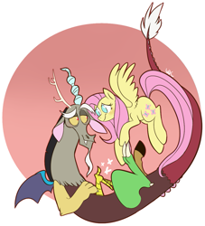 Size: 959x1054 | Tagged: safe, artist:waackery, character:discord, character:fluttershy, species:draconequus, species:pegasus, species:pony, ship:discoshy, blushing, cute, discute, eye contact, female, floppy ears, flying, looking at each other, male, mare, shipping, shyabetes, signature, simple background, smiling, spread wings, straight, white background, wings
