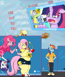 Size: 1100x1300 | Tagged: safe, artist:jessesmash32, character:applejack, character:derpy hooves, character:fluttershy, character:pinkie pie, character:rainbow dash, character:rarity, character:trixie, character:twilight sparkle, species:anthro, species:plantigrade anthro, :3, belly, belly button, breasts, busty fluttershy, chubby, fat, fattershy, female, pac-man, smiley face