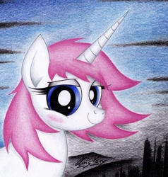 Size: 1024x1077 | Tagged: safe, artist:thechrispony, oc, oc only, oc:glimmerlight, fallout equestria, blushing, fallout equestria: murky number seven, looking at you, solo, traditional art