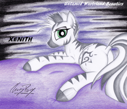Size: 1024x886 | Tagged: safe, artist:thechrispony, oc, oc only, oc:xenith, species:pony, species:zebra, fallout equestria, dock, fanfic, fanfic art, female, hooves, looking at you, looking back, looking back at you, lying down, mare, plot, solo, traditional art, untamed wasteland beauties, zebra oc