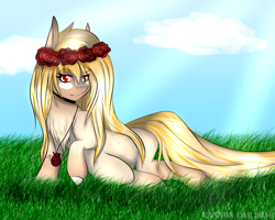 Size: 1792x1434 | Tagged: safe, artist:cannoncar, oc, oc only, oc:sunny day, chest fluff, floral head wreath, jewelry, necklace, sitting, solo