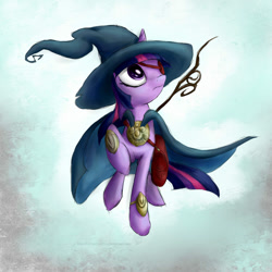 Size: 900x901 | Tagged: safe, artist:rule1of1coldfire, character:twilight sparkle, species:pony, species:unicorn, cape, clothing, eyepatch, female, hat, mage, solo, witch hat