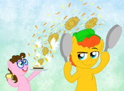 Size: 1280x936 | Tagged: safe, artist:crazynutbob, oc, oc only, oc:fudge fondue, oc:pizza pockets, parent:cheese sandwich, parent:pinkie pie, parents:cheesepie, bread, breakfast sandwich, cheese, egg (food), father's day, food, hashbrowns, next generation, offspring, toast