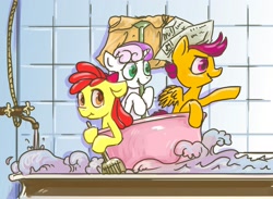 Size: 3000x2200 | Tagged: safe, artist:kovoranu, character:apple bloom, character:scootaloo, character:sweetie belle, species:pegasus, species:pony, adventure, bath, bathtub, clothing, cute, cutie mark crusaders, hat, imagination, paper hat