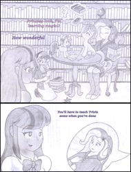 Size: 915x1202 | Tagged: safe, artist:poseidonathenea, character:sweetie belle, character:trixie, character:twilight sparkle, character:twilight sparkle (alicorn), my little pony:equestria girls, cutie mark, human ponidox, levitation, magic, mean, monochrome, pencil drawing, ponidox, ponidox world, studying, telekinesis, the cmc's cutie marks, tiny ponies, traditional art