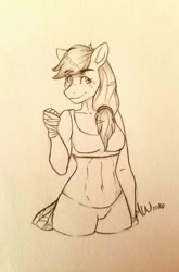 Size: 845x1280 | Tagged: safe, artist:fairdahlia, character:applejack, species:anthro, abs, female, solo