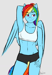 Size: 1280x1860 | Tagged: safe, artist:fairdahlia, character:rainbow dash, species:anthro, armpits, belly button, clothing, female, fit, midriff, ponytail, shorts, solo, sports bra, sports shorts