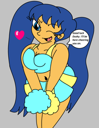 Size: 1700x2198 | Tagged: safe, artist:t-mack56, character:flash sentry, my little pony:equestria girls, anatomically incorrect, belly button, breasts, cheerleader, cleavage, clothing, dialogue, equestria guys, female, flare warden, heart, implied dusk shine, pleated skirt, pom pom, rule 63, skirt, solo, wink