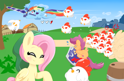 Size: 1600x1043 | Tagged: safe, artist:hungrysohma, character:fluttershy, character:rainbow dash, character:scootaloo, species:chicken, species:pegasus, species:pony, angry, blushing, chase, clothing, cucco, eyes closed, flapping, floppy ears, flying, glare, hat, heart, hoof hold, hylian shield, master sword, mouth hold, red eyes, shield, smiling, sword, the legend of zelda, weapon, wide eyes