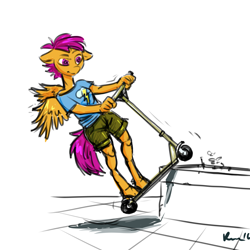 Size: 2512x2512 | Tagged: safe, artist:kovoranu, character:scootaloo, species:anthro, species:pegasus, species:pony, species:unguligrade anthro, clothing, female, grinding, rail grinding, scooter, shorts, solo, traditional art