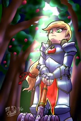 Size: 730x1095 | Tagged: safe, artist:m_d_quill, character:applejack, species:human, armor, female, humanized, solo, war hammer, weapon