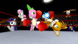Size: 1366x768 | Tagged: safe, artist:migueruchan, character:rarity, character:sonic the hedgehog, character:spike, character:sweetie belle, 3d, beaten up, boxing, boxing gloves, boxing ring, cream the rabbit, crossover, fight, gmod, miles "tails" prower, sonic the hedgehog (series)