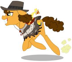 Size: 967x826 | Tagged: safe, artist:crazynutbob, character:boneless, character:cheese sandwich, big grin, clothing, cowboy hat, dust cloud, galloping, hat, poncho, shadow