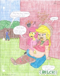 Size: 1607x2052 | Tagged: safe, artist:haleyc4629, character:apple bloom, character:applejack, species:human, my little pony:equestria girls, applefat, belly, belly button, big belly, burp, colored pencil drawing, dialogue, fat, lined paper, traditional art, weight gain
