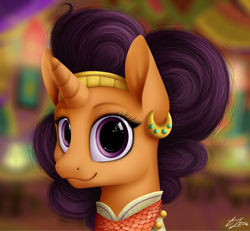 Size: 1300x1200 | Tagged: safe, artist:luminousdazzle, character:saffron masala, episode:spice up your life, g4, my little pony: friendship is magic, bandana, chef, clothing, cute, ear piercing, female, indian, looking at you, piercing, signature, smiling, solo, the tasty treat, wavy mouth