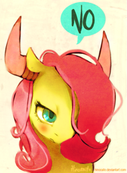 Size: 509x690 | Tagged: safe, artist:hinoraito, character:fluttershy, species:minotaur, species:pegasus, species:pony, episode:putting your hoof down, g4, my little pony: friendship is magic, female, horns, mare, no, solo