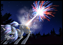 Size: 3044x2167 | Tagged: safe, artist:great-5, oc, oc only, oc:stargazer, species:pony, species:unicorn, 4th of july, explosion, explosive fart, face down ass up, fart, female, fireworks, lightmare, mare, murica, night, open mouth, patriotic, raised tail, smiling, solo, tail, united states