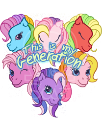 Size: 1500x1800 | Tagged: safe, artist:anscathmarcach, character:applejack, character:fluttershy, character:fluttershy (g3), character:pinkie pie, character:pinkie pie (g3), character:rainbow dash, character:rainbow dash (g3), character:rarity, character:rarity (g3), g3, applejack (g3), fluttershy (g3), shirt design, twilight twinkle, watermark