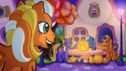 Size: 1024x576 | Tagged: safe, artist:anscathmarcach, character:abra-ca-dabra, character:pumpkin tart, oc, oc:candy corn cascade, oc:genesis, g3, food, halloween, house, jack-o-lantern, pumpkin, pumpkin tart, table