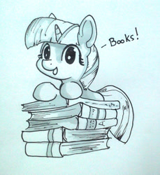 Size: 1280x1395 | Tagged: safe, artist:php64, character:twilight sparkle, character:twilight sparkle (unicorn), species:pony, species:unicorn, book, bookhorse, cute, female, filly, filly twilight sparkle, lineart, looking at you, monochrome, solo, that pony sure does love books, traditional art, twiabetes