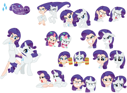 Size: 4500x3300 | Tagged: safe, artist:trinityinyang, character:rarity, species:human, species:pony, clothing, collage, facial expressions, faec, female, human ponidox, humanized, ponidox, scene interpretation, skirt, solo, suit, tube skirt