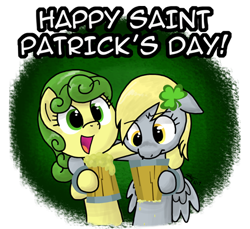 Size: 445x407 | Tagged: safe, artist:zicygomar, character:carrot top, character:derpy hooves, character:golden harvest, species:earth pony, species:pegasus, species:pony, background pony, cider, cute, cutie top, derpabetes, duo, female, green hair, holiday, mare, saint patrick's day