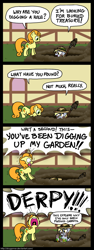 Size: 600x1601 | Tagged: safe, artist:zicygomar, character:carrot top, character:derpy hooves, character:golden harvest, species:earth pony, species:pegasus, species:pony, background pony, carrot top is not amused, clothing, comic, digging, duo, female, hat, hole, mare, shovel