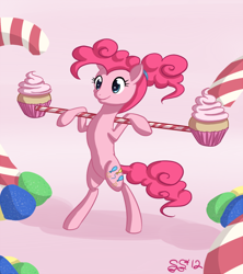 Size: 800x899 | Tagged: safe, artist:alipes, character:pinkie pie, species:earth pony, species:pony, alternate hairstyle, bipedal, cupcake, exercise, female, food, mare, solo, weight lifting