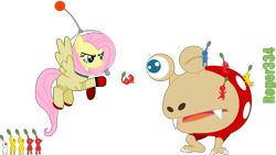 Size: 4177x2364 | Tagged: safe, artist:roger334, character:fluttershy, species:pegasus, species:pony, astronaut, blue pikmin, bulborb, crossover, female, mare, pikmin, red pikmin, simple background, space suit, transparent background, vector, white pikmin, yellow pikmin