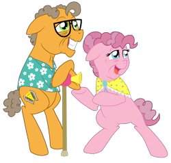 Size: 2688x2560 | Tagged: safe, artist:crazynutbob, character:cheese sandwich, character:pinkie pie, species:pony, ship:cheesepie, balding, bipedal, bipedal leaning, cane, cute, dawwww, elderly, female, hair bun, leaning, male, old, older, shipping, simple background, straight, transparent background