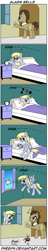 Size: 515x2700 | Tagged: safe, artist:pheeph, character:derpy hooves, character:doctor whooves, character:time turner, species:pegasus, species:pony, old master q, alarm clock, bed, comic, doorbell, female, mare, parody, sleeping