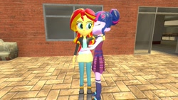 Size: 1360x768 | Tagged: safe, artist:mk513, character:sunset shimmer, character:twilight sparkle, character:twilight sparkle (scitwi), species:eqg human, ship:scitwishimmer, ship:sunsetsparkle, my little pony:equestria girls, 3d, female, gmod, kissing, lesbian, shipping
