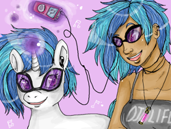 Size: 800x600 | Tagged: safe, artist:superlucky13, character:dj pon-3, character:vinyl scratch, species:human, species:pony, species:unicorn, duo, earbuds, female, glowstick, human ponidox, humanized, ipod, mp3 player, ponidox, self ponidox, smiling, solo