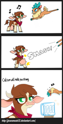 Size: 920x1800 | Tagged: safe, artist:jessesmash32, community related, character:arizona cow, character:velvet reindeer, species:cow, species:deer, species:reindeer, them's fightin' herds, baneposting, cloven hooves, comic, dialogue, female, knock out, milk, tongue out, udder, udder smash, unconscious, wat, weaponized boobs, x eyes
