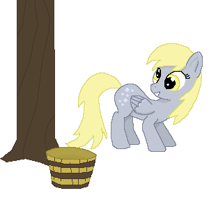 Size: 310x310 | Tagged: safe, artist:tomdantherock, character:derpy hooves, species:pegasus, species:pony, animated, bucket, bucking, female, gif, how, looking back, mare, muffin, simple background, solo, transparent background, tree
