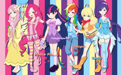 Size: 2560x1600 | Tagged: safe, artist:alicehumansacrifice0, artist:lilacinum, character:applejack, character:fluttershy, character:pinkie pie, character:rainbow dash, character:rarity, character:twilight sparkle, clothing, converse, dress, humanized, mane six, midriff, shoes, skirt, sneakers, wallpaper