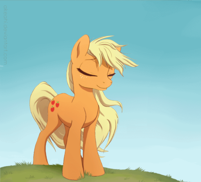 Size: 680x618 | Tagged: safe, artist:akeahi, artist:szafir87, edit, character:applejack, species:earth pony, species:pony, animated, cinemagraph, cloud, cute, eyes closed, female, freckles, grass, headbob, loop, loose hair, mare, messy mane, perfect loop, smiling, solo, windswept mane