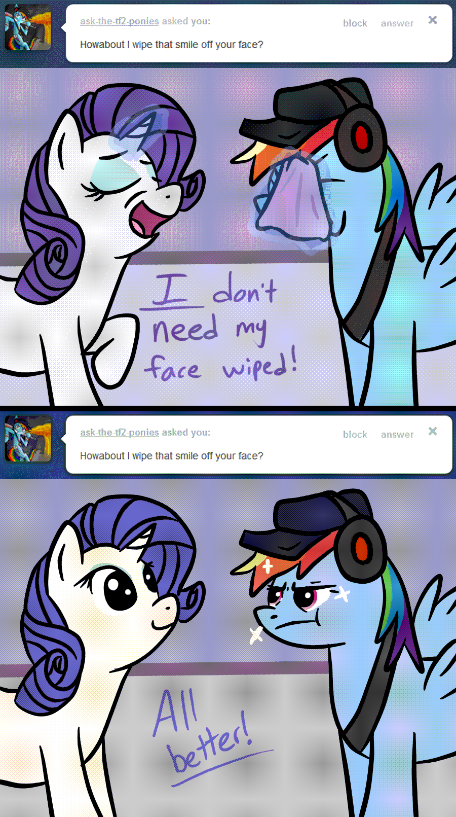 Size: 900x1611 | Tagged: safe, artist:waywardtrail, artist:zestyoranges, character:rainbow dash, character:rarity, ask, ask ecstatic rarity, ask the tf2 ponies, scout, team fortress 2, tumblr
