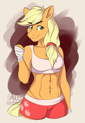 Size: 1125x1626 | Tagged: safe, artist:fairdahlia, character:applejack, species:anthro, abs, applejacked, athletic tape, clothing, female, looking at you, midriff, muscles, shorts, solo, sports bra, sports shorts