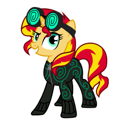 Size: 1152x1152 | Tagged: safe, artist:motownwarrior01, character:sunset shimmer, oc, oc:mez-mare-a, species:pony, species:unicorn, crossover, goggles, simple background, solo, supervillain, transparent background, villainess
