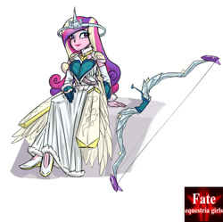 Size: 724x720 | Tagged: safe, artist:kul, character:dean cadance, character:princess cadance, my little pony:equestria girls, archery, bow (weapon), crossover, crown, fate/stay night, feather, halo, jewelry, regalia, sitting, smiling