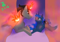 Size: 1024x717 | Tagged: safe, artist:joan-grace, character:king sombra, character:princess luna, ship:lumbra, bed, bedroom, bedroom eyes, female, magic, male, shipping, straight