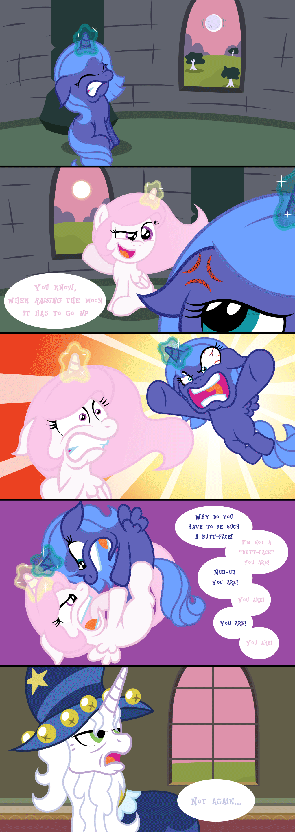 Size: 1020x2869 | Tagged: safe, artist:t-3000, character:princess celestia, character:princess luna, character:star swirl the bearded, animated, cewestia, comic, cute, dialogue, female, fight, filly, filly celestia, filly luna, insult, magic, moon, moon work, pink-mane celestia, siblings, speech bubble, sun, sun work, unamused, woona, yelling, younger