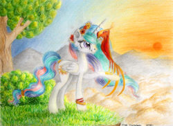 Size: 1024x745 | Tagged: safe, artist:moonlight-ki, character:philomena, character:princess celestia, species:alicorn, species:phoenix, species:pony, floral head wreath, flower, missing accessory, mountain, smiling, sunset, traditional art, tree