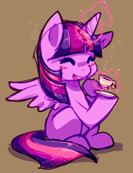 Size: 900x1172 | Tagged: safe, artist:sharmie, character:twilight sparkle, character:twilight sparkle (alicorn), species:alicorn, species:pony, blushing, eyes closed, female, magic, sitting, solo, teacup, telekinesis