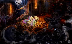 Size: 2050x1256 | Tagged: safe, artist:miradge, artist:noel, character:nightmare moon, character:princess celestia, character:princess luna, species:alicorn, species:pony, g4, castle, dark, epic, female, fight, magic, mare, moon, night, photoshop, ruins, wallpaper